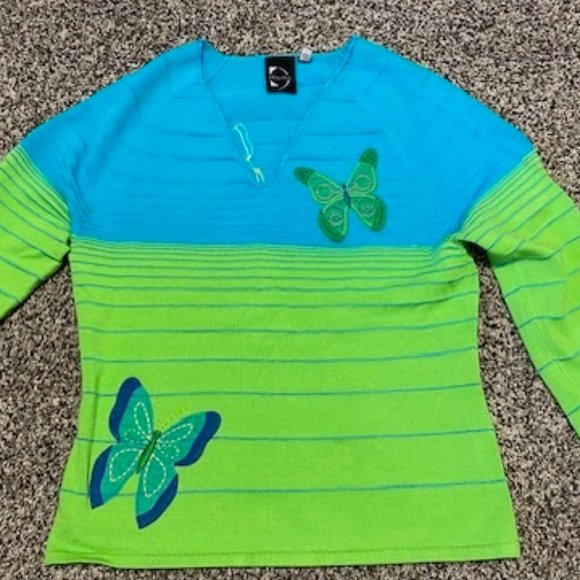 New HUME 3/4-slv TURQUOISE LIME SWEATER Applique Embroidered BUTTERFLIES * M - Picture 2 of 11